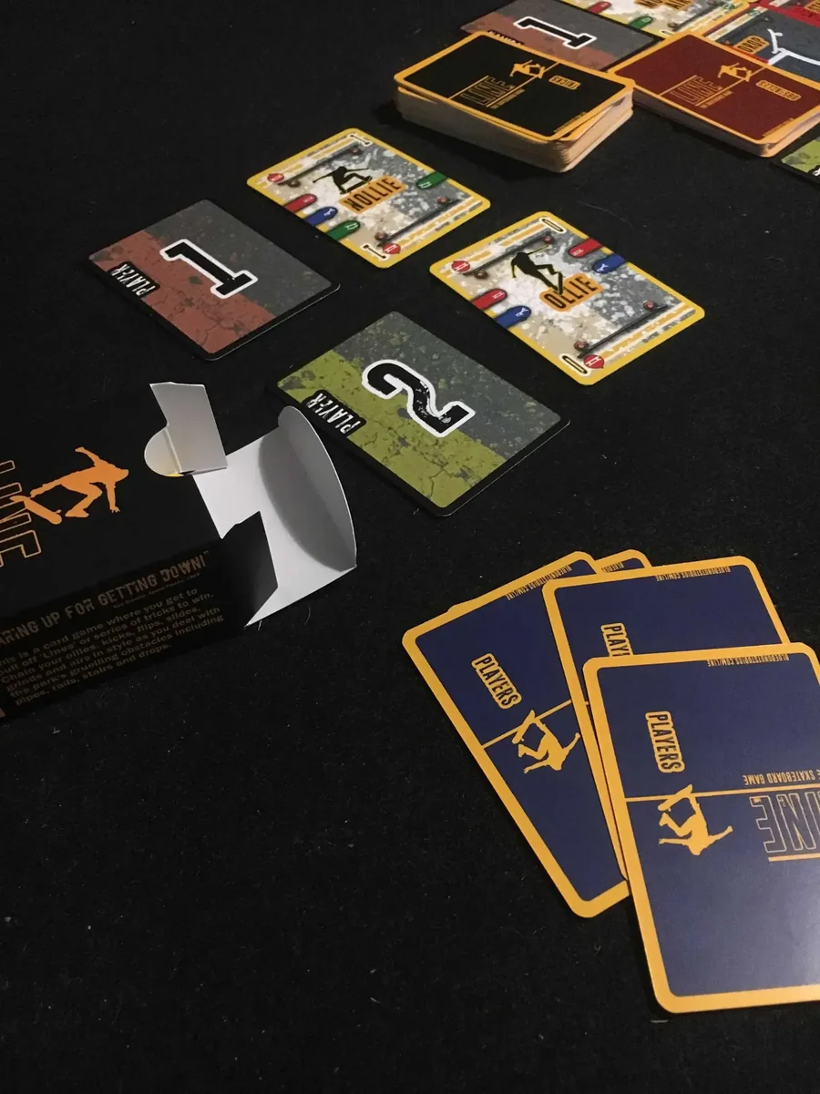 Cards and components from Line: The Skateboard Card Game
